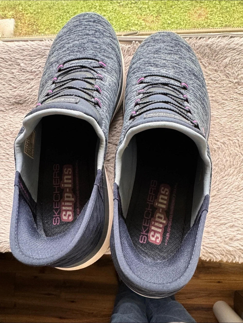 Skechers Women's Navy Knit Slip-On Sneakers with Pink Details